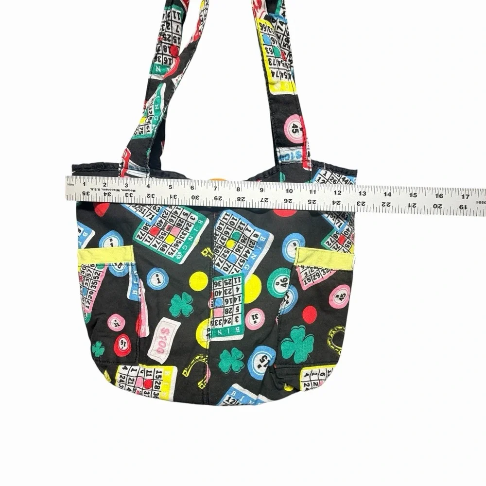 Bingo Print Tote Bag Black Multicolor Shoulder Bag Lucky Clover‎ Casino Theme